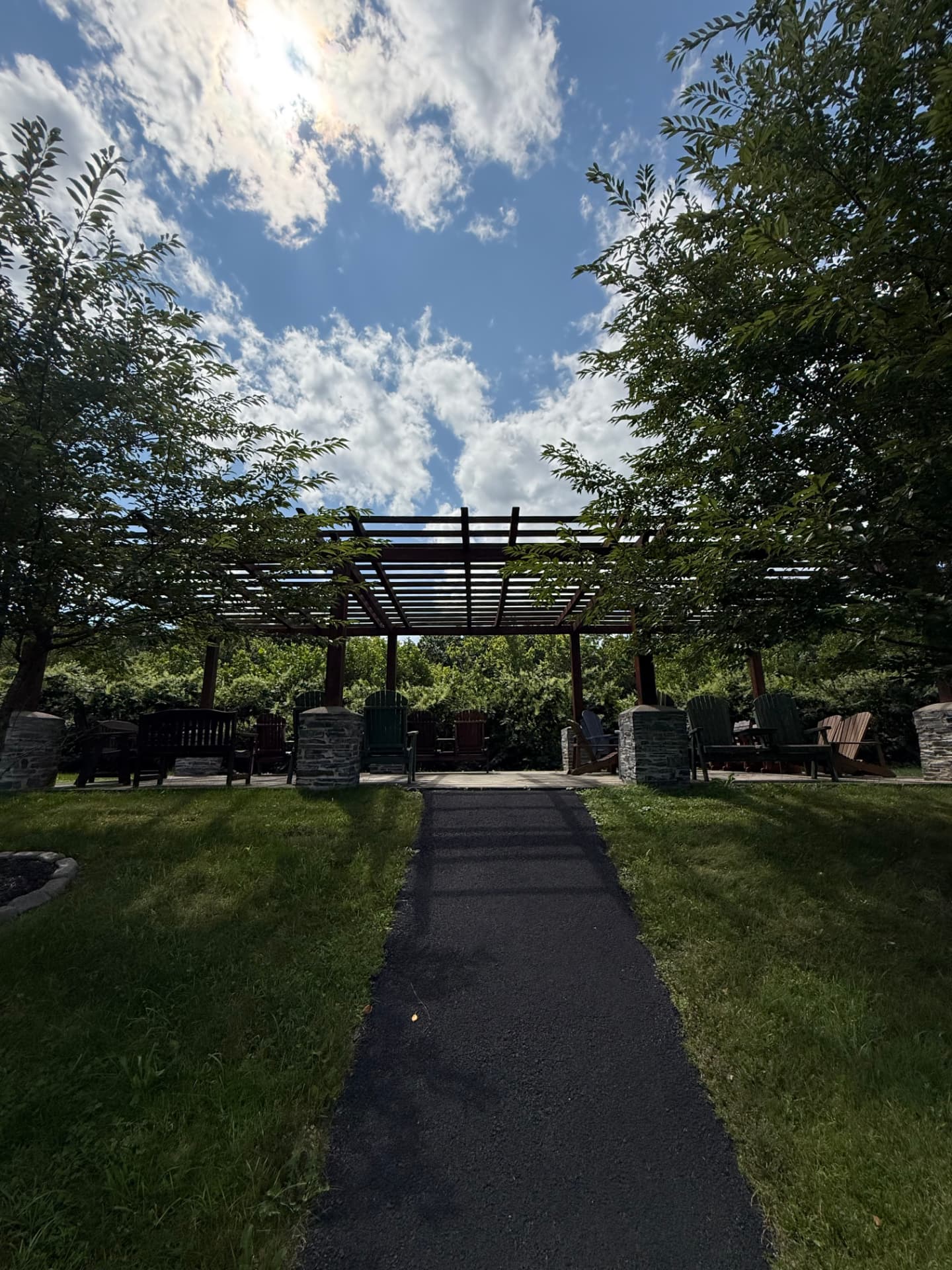 A paved walking path leading through the lawn toward the pergola