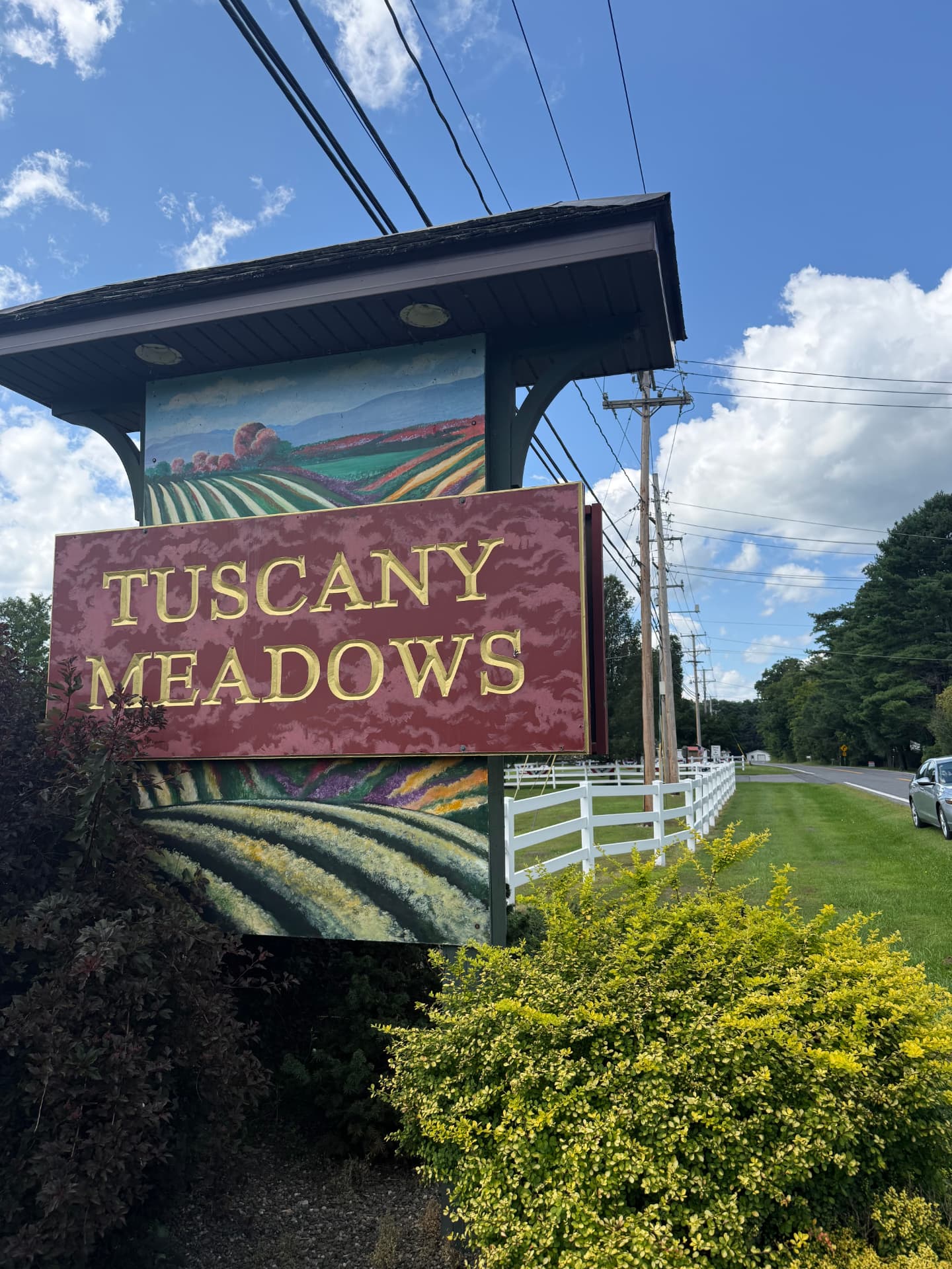 The Tuscany Meadows entrance sign with white fencing and lawn along the road