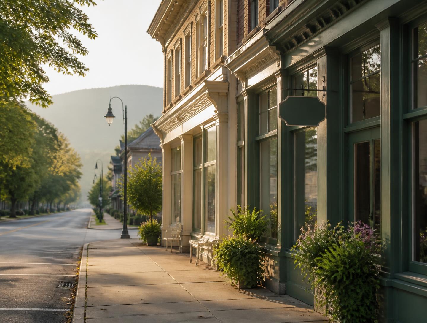 A quiet upstate village street in morning light